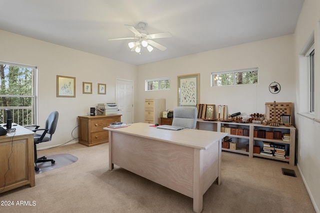 office with light carpet, a wealth of natural light, and ceiling fan