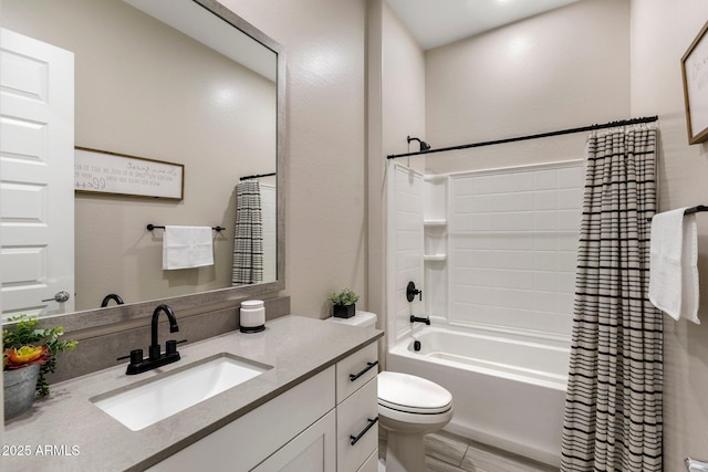 bathroom with vanity, toilet, and shower / tub combo with curtain