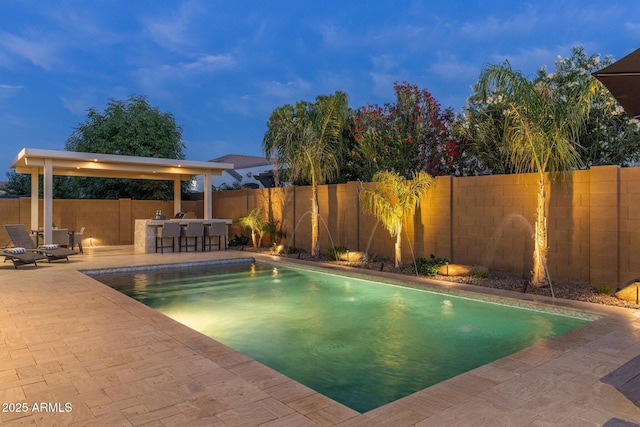 view of swimming pool with a fenced in pool, a fenced backyard, a patio area, and outdoor dry bar