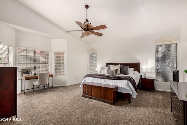 carpeted bedroom featuring vaulted ceiling and ceiling fan