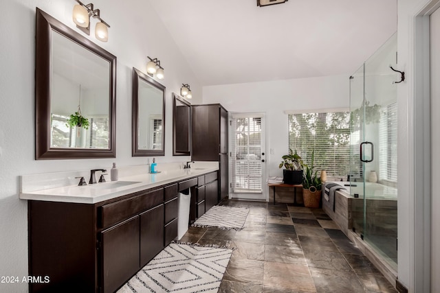 bathroom featuring a wealth of natural light, vanity, a shower with shower door, and vaulted ceiling