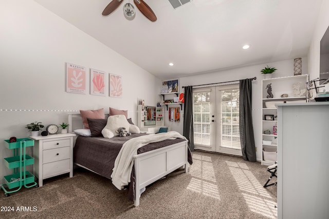 bedroom featuring carpet, lofted ceiling, french doors, ceiling fan, and access to exterior