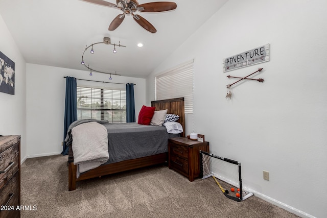 bedroom featuring ceiling fan, carpet floors, and lofted ceiling