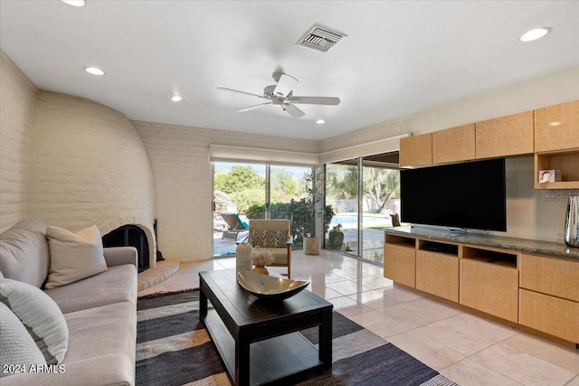 6516 E Maverick Rd, Paradise Valley, AZ 85253 - living room with visible vents, ceiling fan, recessed lighting, and light tile patterned floors