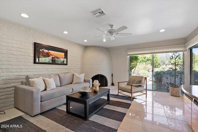 6516 E Maverick Rd, Paradise Valley, AZ 85253 - tiled living area with visible vents, recessed lighting, ceiling fan, and brick wall