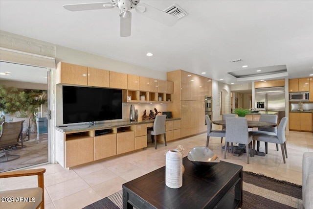 6516 E Maverick Rd, Paradise Valley, AZ 85253 - living area featuring visible vents, a ceiling fan, recessed lighting, and light tile patterned floors