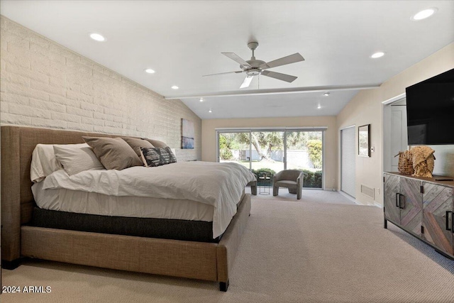 6516 E Maverick Rd, Paradise Valley, AZ 85253 - bedroom with recessed lighting, a ceiling fan, brick wall, vaulted ceiling, and light colored carpet