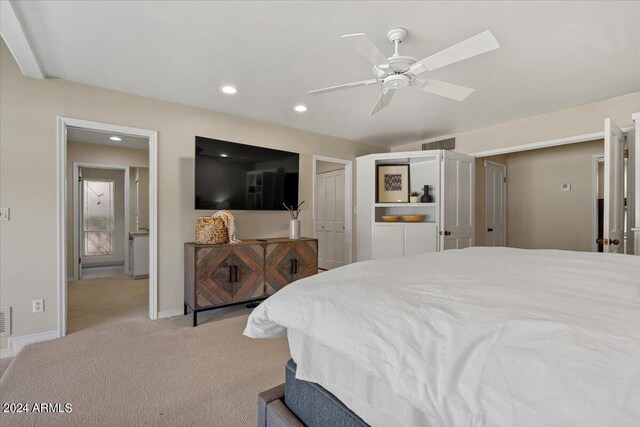 6516 E Maverick Rd, Paradise Valley, AZ 85253 - bedroom with baseboards, light colored carpet, visible vents, ceiling fan, and recessed lighting