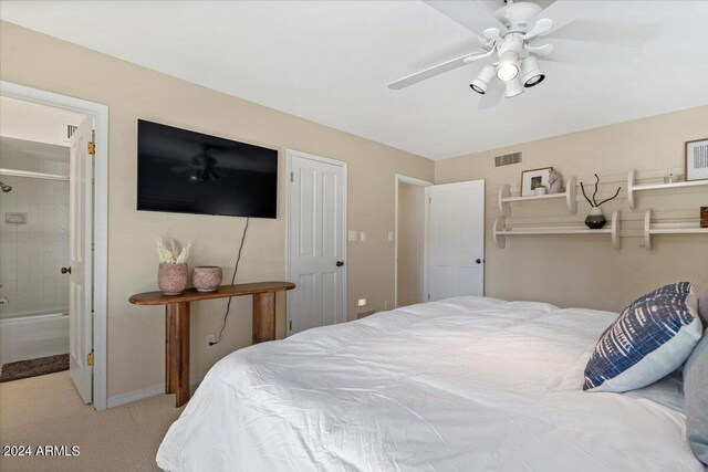 6516 E Maverick Rd, Paradise Valley, AZ 85253 - bedroom featuring carpet flooring, a ceiling fan, ensuite bathroom, baseboards, and visible vents