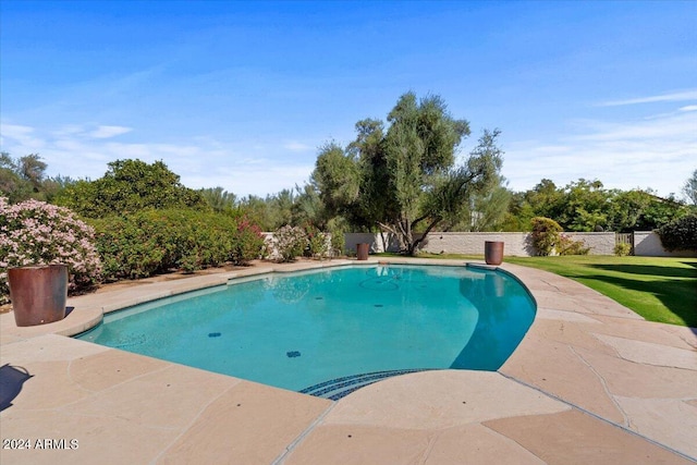 6516 E Maverick Rd, Paradise Valley, AZ 85253 - view of swimming pool featuring a lawn, a fenced in pool, a fenced backyard, and a patio area