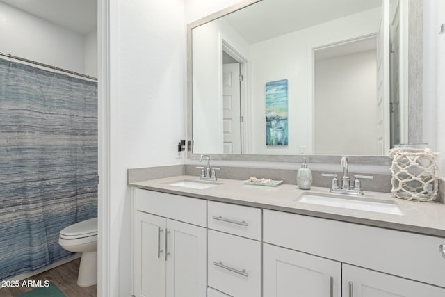 bathroom with double vanity, wood finished floors, toilet, and a sink