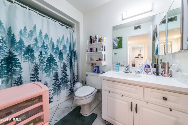 bathroom with tile patterned flooring, vanity, heating unit, and toilet