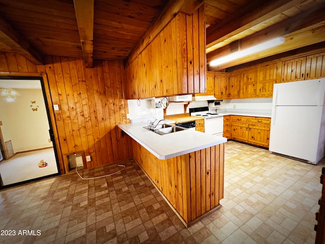 kitchen with white appliances, kitchen peninsula, wood ceiling, and beamed ceiling