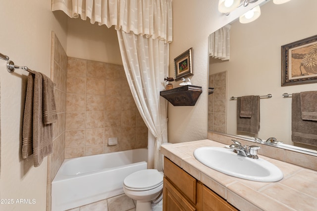 bathroom featuring tile patterned flooring, shower / tub combo with curtain, toilet, and vanity