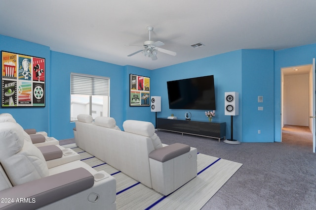 living room with carpet flooring and ceiling fan