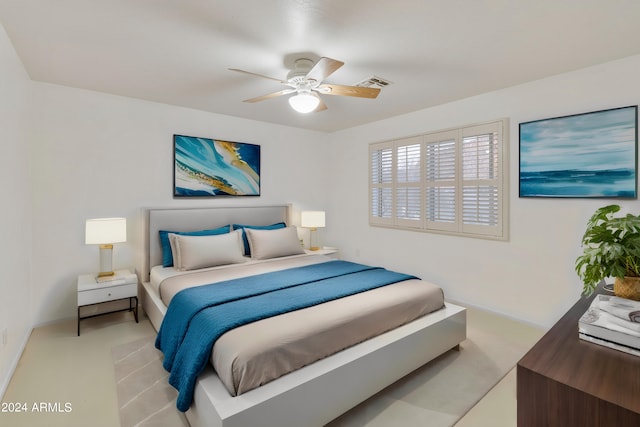 bedroom with ceiling fan and visible vents