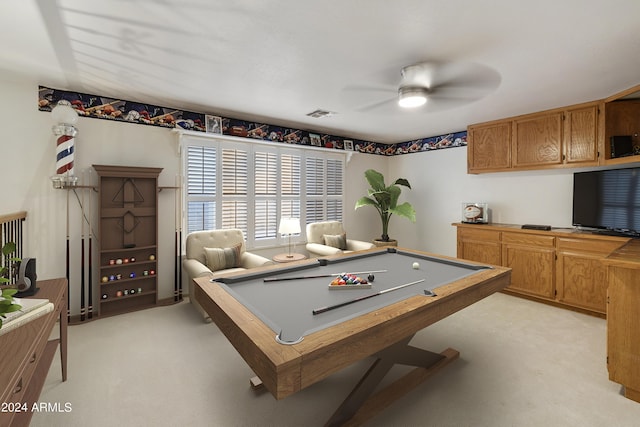 game room with visible vents, a ceiling fan, pool table, and light carpet