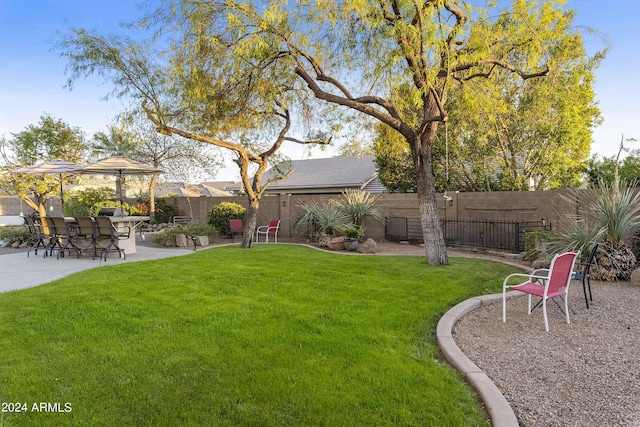 view of yard with a fenced backyard and a patio area