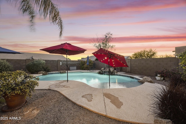 pool at dusk with a patio, a fenced backyard, and a fenced in pool