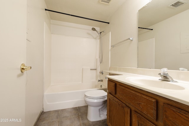 full bath with visible vents, toilet, vanity, shower / bath combination, and tile patterned floors