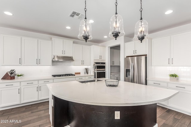 kitchen with tasteful backsplash, visible vents, dark wood finished floors, stainless steel appliances, and under cabinet range hood