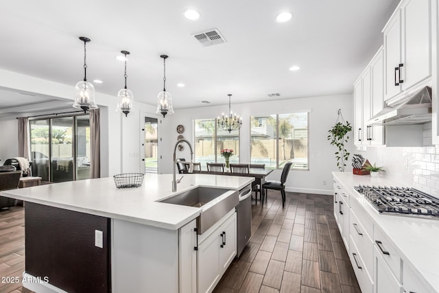 kitchen with tasteful backsplash, visible vents, stainless steel appliances, under cabinet range hood, and a sink