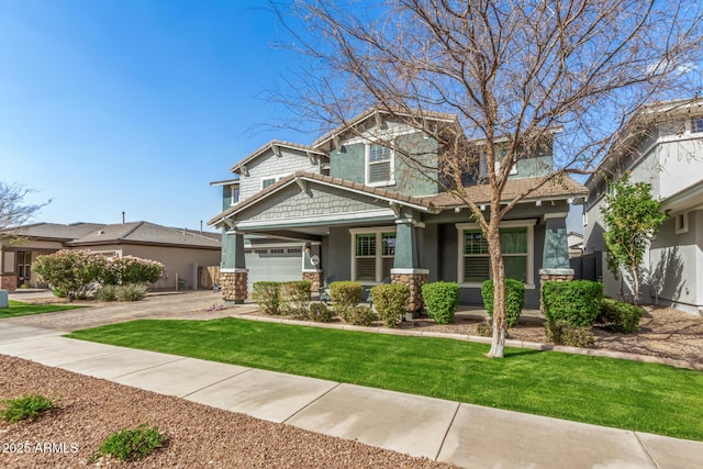 craftsman inspired home featuring a garage, driveway, stone siding, stucco siding, and a front yard