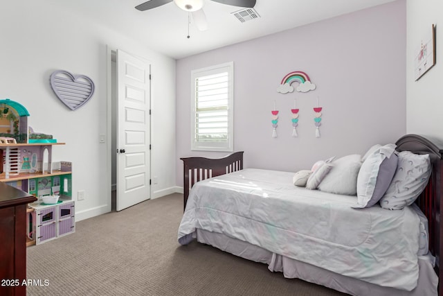 carpeted bedroom featuring visible vents, ceiling fan, and baseboards