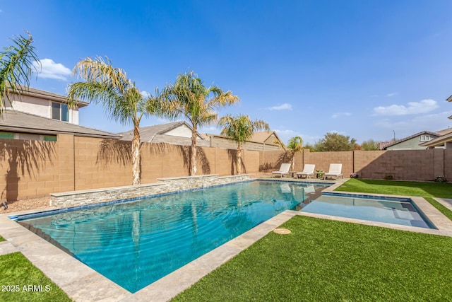 view of pool with a yard, a fenced backyard, and a fenced in pool