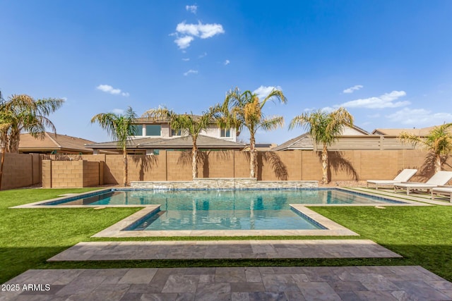 view of swimming pool with a fenced backyard, a fenced in pool, and a lawn