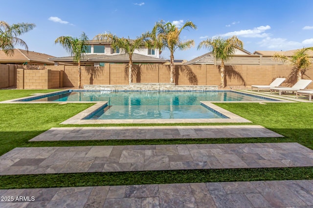 view of pool featuring a fenced backyard, a fenced in pool, and a yard