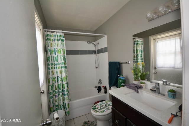 bathroom featuring tile patterned floors, toilet, shower / bath combo, and vanity