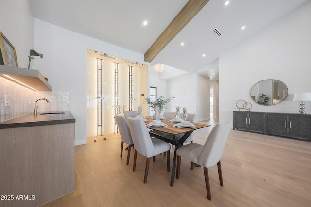 6126 E Charter Oak Rd, Scottsdale, AZ 85254 - dining room featuring light wood finished floors, beam ceiling, recessed lighting, plenty of natural light, and high vaulted ceiling