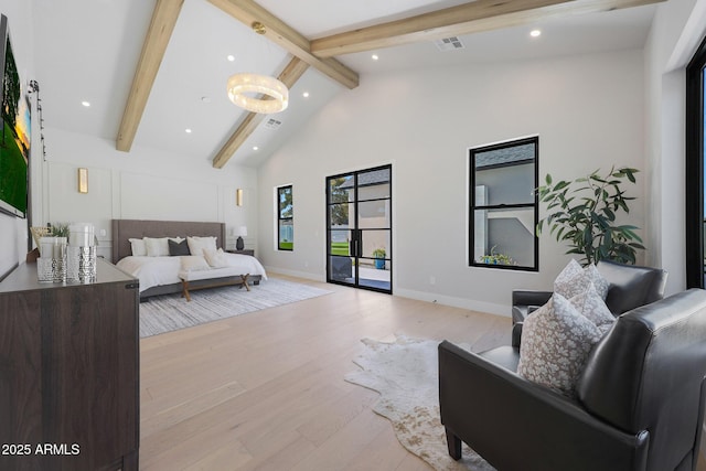 6126 E Charter Oak Rd, Scottsdale, AZ 85254 - bedroom with beamed ceiling, recessed lighting, wood finished floors, and high vaulted ceiling