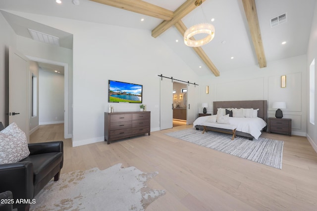 6126 E Charter Oak Rd, Scottsdale, AZ 85254 - bedroom featuring beamed ceiling, wood finished floors, a barn door, high vaulted ceiling, and recessed lighting