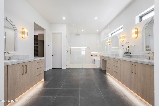 6126 E Charter Oak Rd, Scottsdale, AZ 85254 - full bath featuring a stall shower, tile patterned flooring, two vanities, and recessed lighting