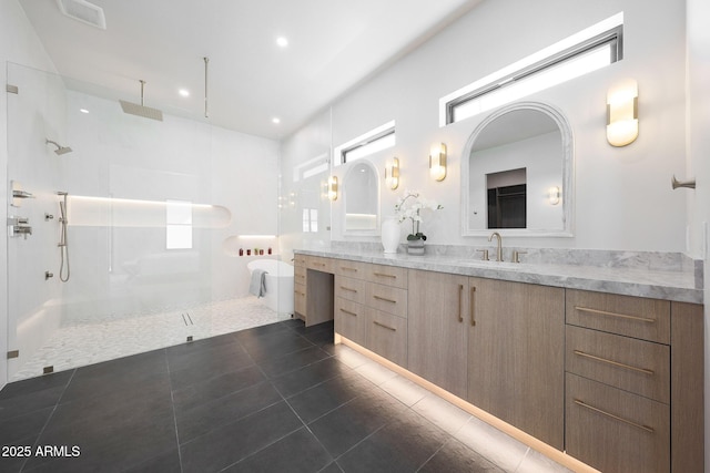 6126 E Charter Oak Rd, Scottsdale, AZ 85254 - full bath featuring double vanity, walk in shower, tile patterned floors, and recessed lighting