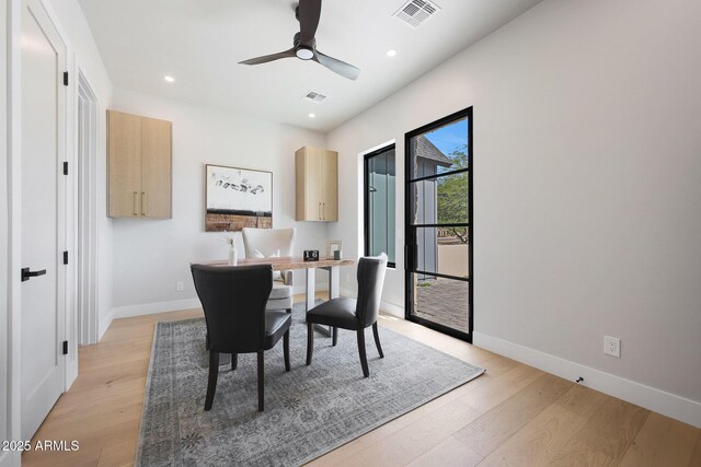 6126 E Charter Oak Rd, Scottsdale, AZ 85254 - dining room featuring light wood-type flooring, a ceiling fan, recessed lighting, and a desk