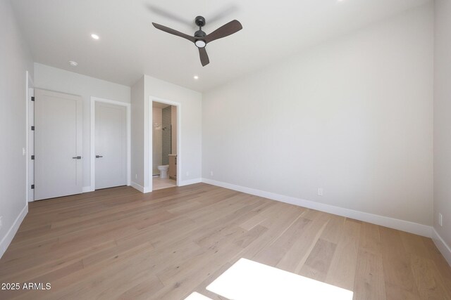 6126 E Charter Oak Rd, Scottsdale, AZ 85254 - unfurnished bedroom with light wood-style floors, recessed lighting, ensuite bathroom, and ceiling fan