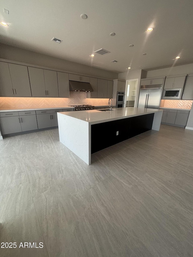 kitchen with gray cabinetry, under cabinet range hood, a sink, appliances with stainless steel finishes, and decorative backsplash