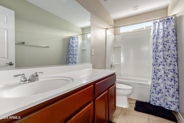 full bathroom featuring vanity, shower / bath combo, toilet, and tile patterned floors