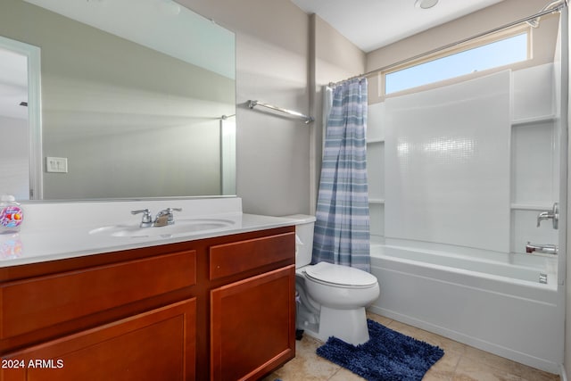 full bathroom featuring vanity, toilet, shower / bathtub combination with curtain, and tile patterned floors