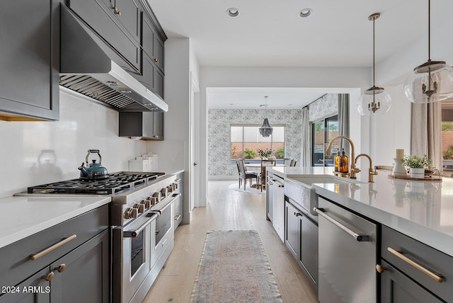 kitchen with wall chimney exhaust hood, sink, decorative light fixtures, gray cabinets, and stainless steel appliances