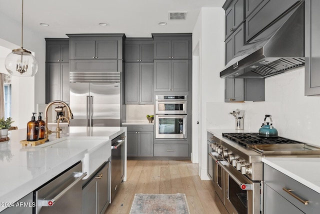 kitchen with gray cabinets, decorative light fixtures, backsplash, high end appliances, and light wood-type flooring