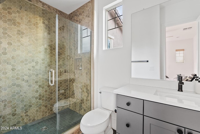 bathroom with vanity, toilet, and a shower with shower door