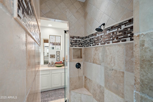 10799 E Florence Way, Scottsdale, AZ 85262 - bathroom featuring tiled shower and vanity