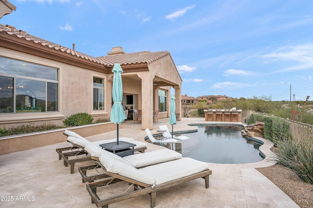 10799 E Florence Way, Scottsdale, AZ 85262 - view of swimming pool with a fenced in pool, a patio, outdoor dining area, and fence