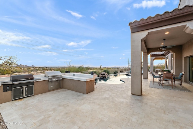 10799 E Florence Way, Scottsdale, AZ 85262 - view of patio with an outdoor pool, a grill, area for grilling, outdoor dining area, and ceiling fan