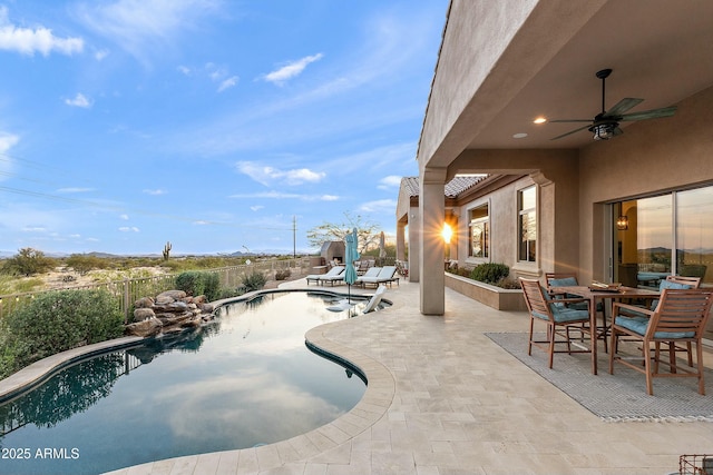 10799 E Florence Way, Scottsdale, AZ 85262 - view of swimming pool featuring a patio area, fence, a ceiling fan, and a fenced in pool