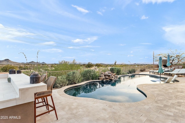 10799 E Florence Way, Scottsdale, AZ 85262 - view of pool with a fenced in pool, a patio, fence, and a mountain view